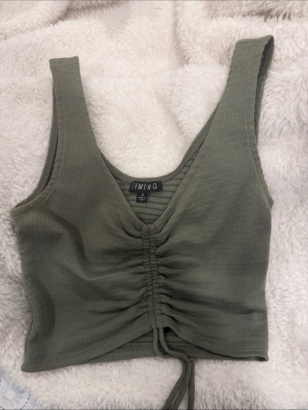 Olive Ruched Front Crop Tank